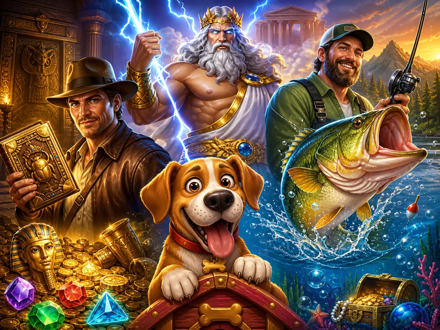 Artwork showcasing vibrant slot game characters and worlds, combining themes of adventure, mythology, and animal mascots.