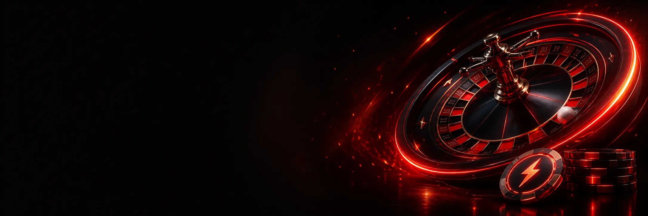 A dramatic partial roulette wheel with a lightning-bolt token, red light trails, and a roulette ball in motion on a dark back