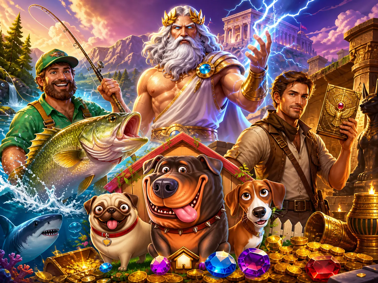 Artistic illustration featuring fantasy-themed characters and environments from slot games